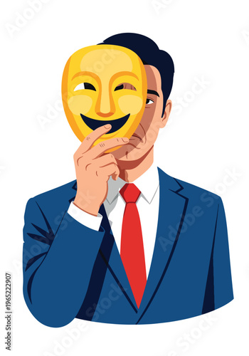 Modern illustration of businessman hiding sadness behind smiling mask, symbolizing emotional suppression, workplace stress, and hidden mental health struggles