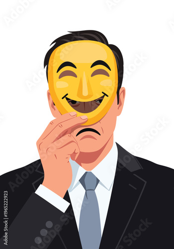 Modern illustration of businessman hiding sadness behind smiling mask, symbolizing emotional suppression, workplace stress, and hidden mental health struggles
