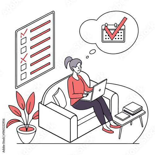 woman using laptop on couch, planning tasks, calendar reminder, modern living room