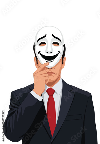 Modern illustration of businessman hiding sadness behind smiling mask, symbolizing emotional suppression, workplace stress, and hidden mental health struggles