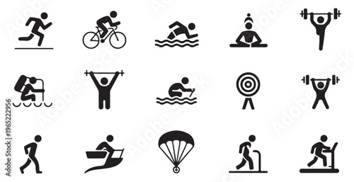 Collection of black and white sports and fitness icons running, cycling, swimming, yoga, weightlifting