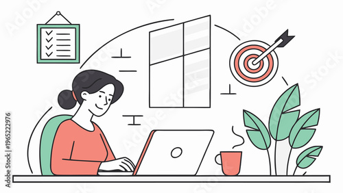 Businesswoman working on laptop, office workspace illustration, productivity concept, modern line art