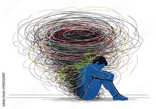 Modern illustration of overwhelmed man sitting with chaotic scribbles around him, symbolizing anxiety, overthinking, confusion, and mental health pressure