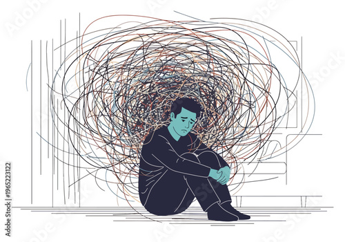 Modern illustration of overwhelmed man sitting with chaotic scribbles around him, symbolizing anxiety, overthinking, confusion, and mental health pressure