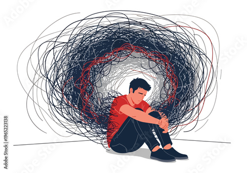 Modern illustration of overwhelmed man sitting with chaotic scribbles around him, symbolizing anxiety, overthinking, confusion, and mental health pressure