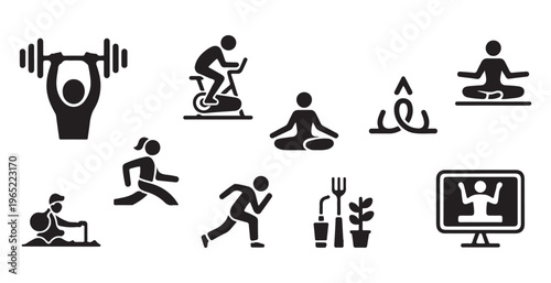 Modern fitness icons set, showcasing diverse exercise and healthy living activities, active lifestyle symbols