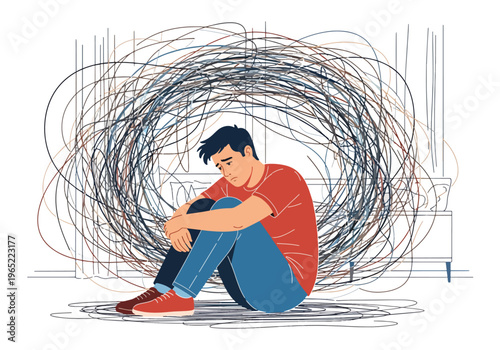 Modern illustration of overwhelmed man sitting with chaotic scribbles around him, symbolizing anxiety, overthinking, confusion, and mental health pressure