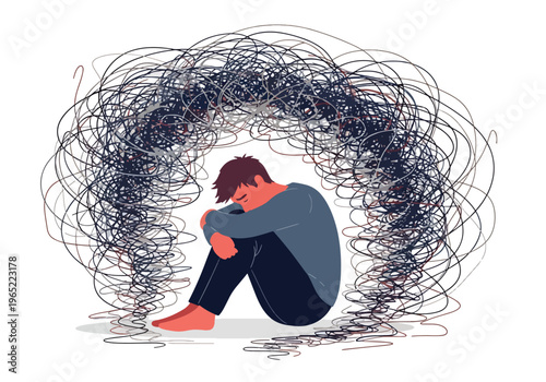 Modern illustration of overwhelmed man sitting with chaotic scribbles around him, symbolizing anxiety, overthinking, confusion, and mental health pressure