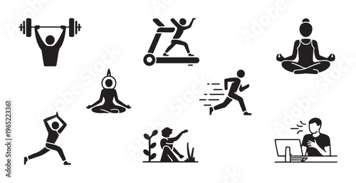 Healthy lifestyle icons representing weightlifting treadmill running yoga meditation gardening and computer
