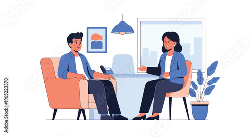 Modern illustration of man speaking with therapist in safe space, representing counseling, emotional support, recovery, and mental health awareness