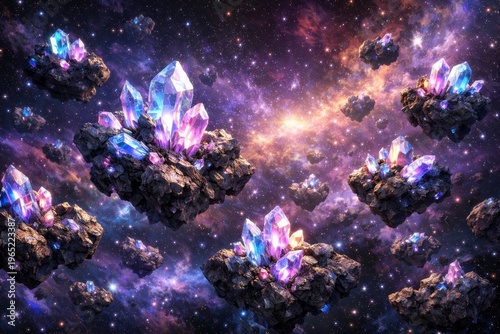 Glowing Crystal Asteroid Field in Vibrant Nebula Space