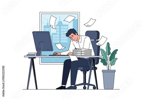 Modern illustration of exhausted man overwhelmed by work tasks, symbolizing burnout, job stress, fatigue, and mental health challenges in office environment