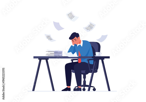 Modern illustration of exhausted man overwhelmed by work tasks, symbolizing burnout, job stress, fatigue, and mental health challenges in office environment
