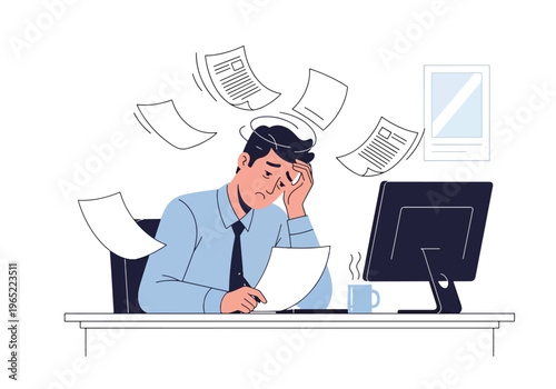 Modern illustration of exhausted man overwhelmed by work tasks, symbolizing burnout, job stress, fatigue, and mental health challenges in office environment