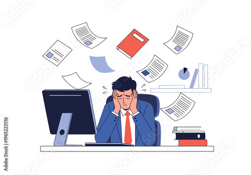 Modern illustration of exhausted man overwhelmed by work tasks, symbolizing burnout, job stress, fatigue, and mental health challenges in office environment