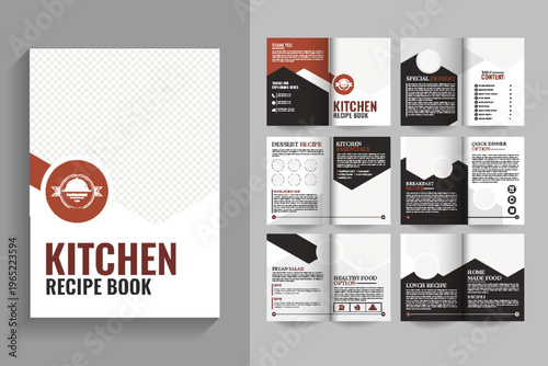Cookbook Layout, Recipe Book Template, Brochure Design Simple style and modern design, Modern 12 page Kitchen Recipe Book Template Brochure Design Layout