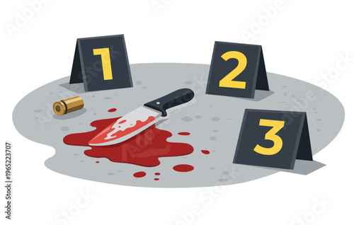 Crime scene with evidence markers bullet knife and blood