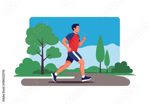 Modern illustration of man jogging in park, representing exercise for mental health, stress relief, emotional balance, and healthy lifestyle improvement