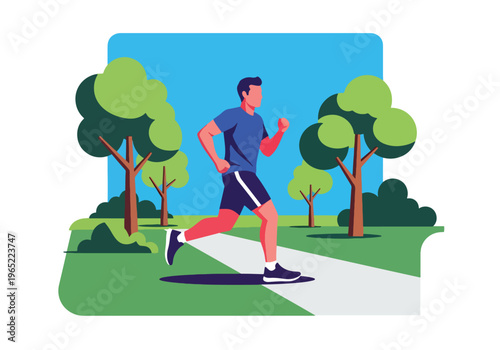 Modern illustration of man jogging in park, representing exercise for mental health, stress relief, emotional balance, and healthy lifestyle improvement