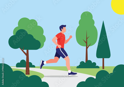 Modern illustration of man jogging in park, representing exercise for mental health, stress relief, emotional balance, and healthy lifestyle improvement