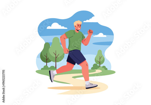 Modern illustration of man jogging in park, representing exercise for mental health, stress relief, emotional balance, and healthy lifestyle improvement