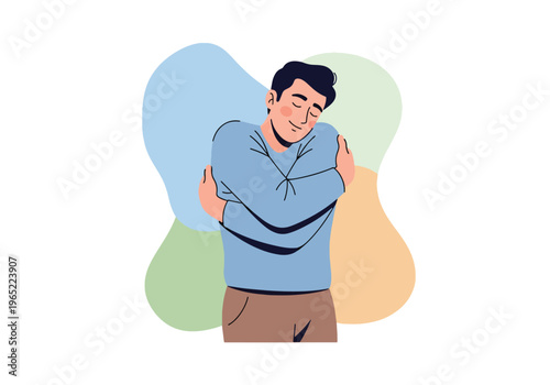 Modern illustration of man hugging himself, symbolizing self-love, emotional healing, inner care, and mental health awareness through self-acceptance