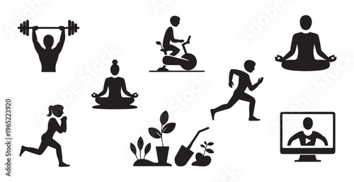 Fitness and hobby icons including weightlifting stationary bike yoga running gardening and online learning