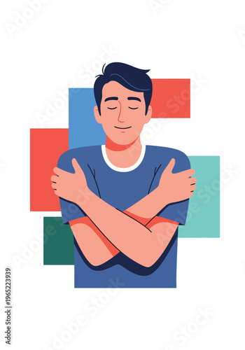 Modern illustration of man hugging himself, symbolizing self-love, emotional healing, inner care, and mental health awareness through self-acceptance