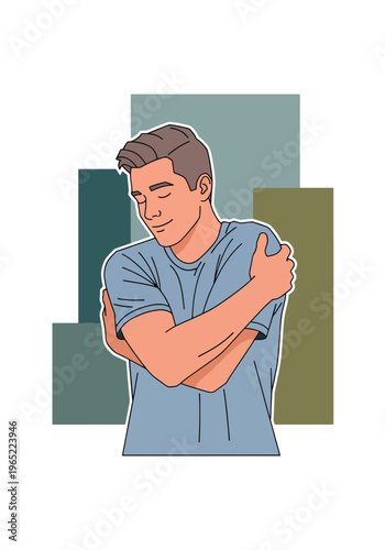 Modern illustration of man hugging himself, symbolizing self-love, emotional healing, inner care, and mental health awareness through self-acceptance