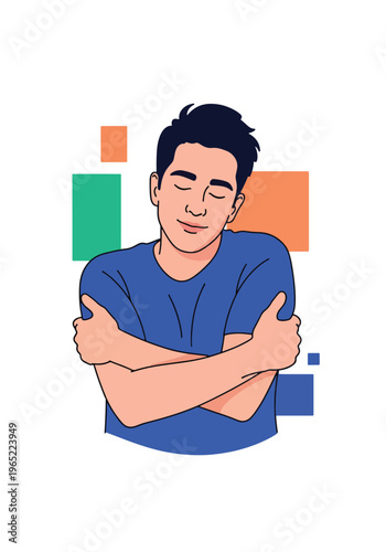 Modern illustration of man hugging himself, symbolizing self-love, emotional healing, inner care, and mental health awareness through self-acceptance