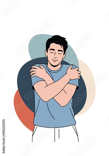 Modern illustration of man hugging himself, symbolizing self-love, emotional healing, inner care, and mental health awareness through self-acceptance