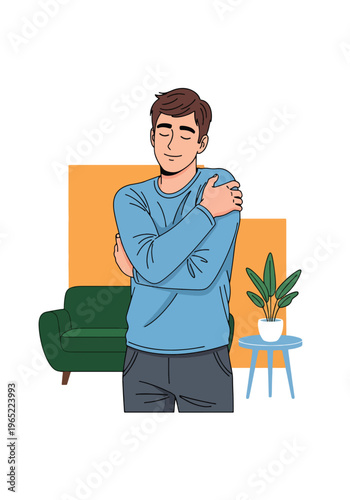 Modern illustration of man hugging himself, symbolizing self-love, emotional healing, inner care, and mental health awareness through self-acceptance