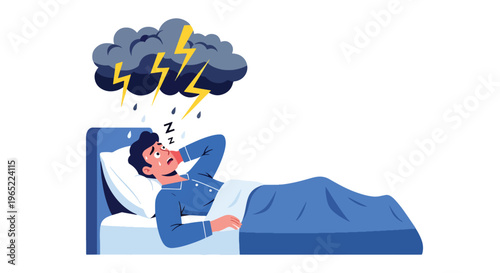 Modern illustration of man lying awake with floating thoughts, representing insomnia, anxiety, stress, and mental health challenges during nighttime