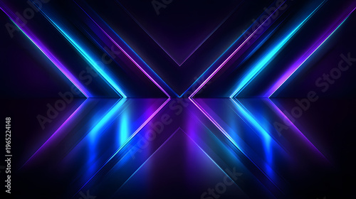 Glowing neon blue and purple geometric x pattern with symmetrical rays on dark abstract design