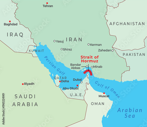 Strait of Hormuz map with countries cities and oil route