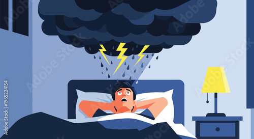 Modern illustration of man lying awake with floating thoughts, representing insomnia, anxiety, stress, and mental health challenges during nighttime