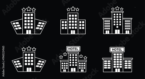 Hotel building icon set vector graphics - logo icons vector set. Blue, Black and white icons