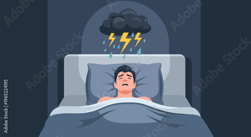 Modern illustration of man lying awake with floating thoughts, representing insomnia, anxiety, stress, and mental health challenges during nighttime