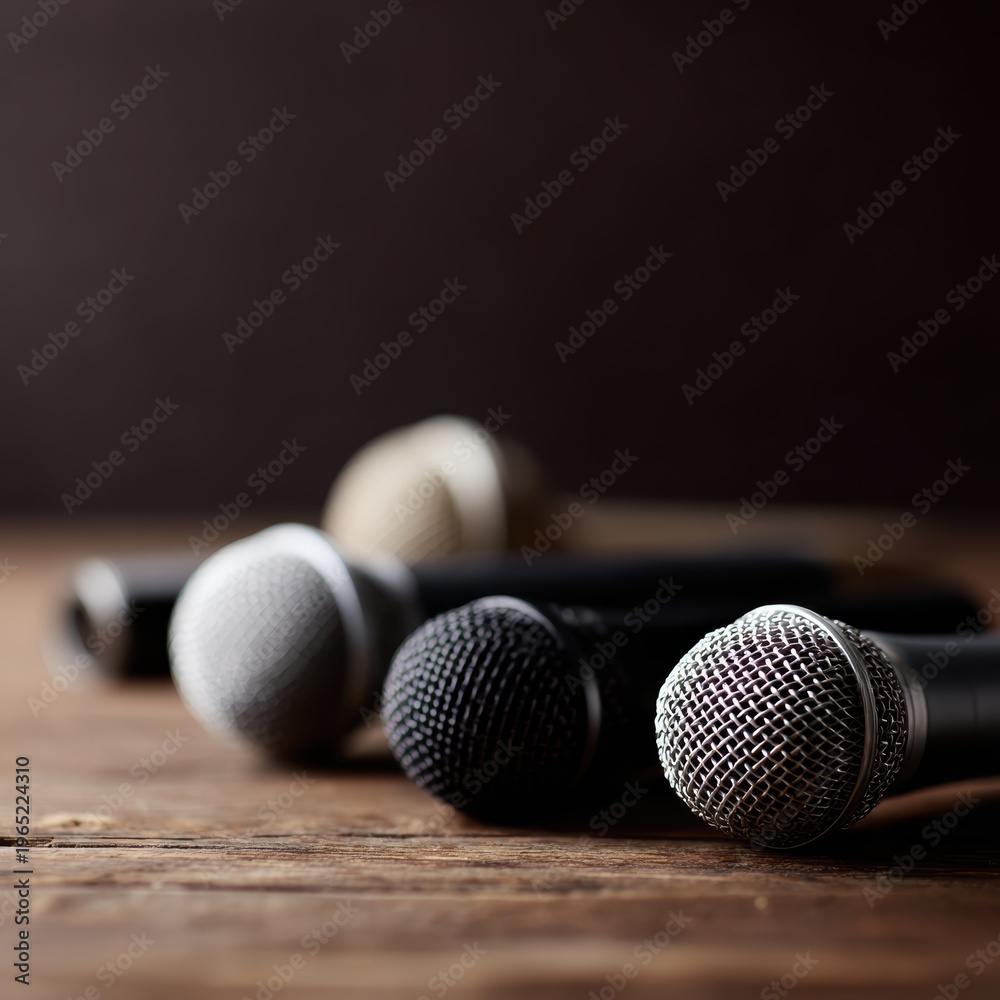 Obraz premium collection of microphones on wooden table journalism media equipment concept