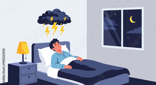 Modern illustration of man lying awake with floating thoughts, representing insomnia, anxiety, stress, and mental health challenges during nighttime