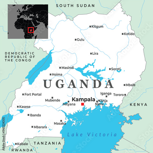 Konstfotografi Uganda map with borders cities and Lake Victoria