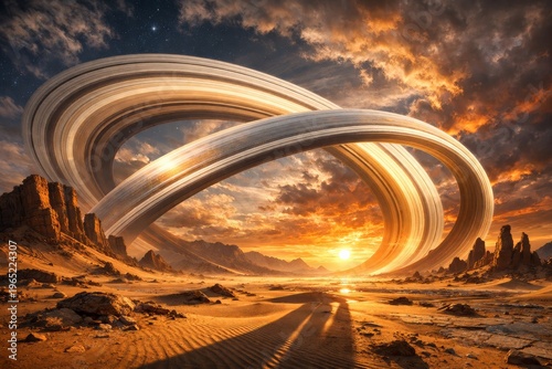 Surreal Desert with Giant Planetary Rings in Futuristic Landscape