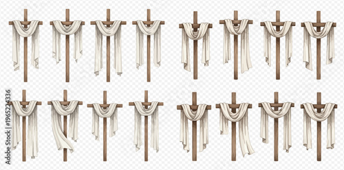 Set of wooden crosses draped with white fabric, symbolizing Easter, Christianity, and resurrection, isolated on transparent background.