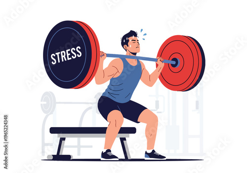Modern illustration of man lifting heavy weight labeled stress, representing emotional burden, mental pressure, resilience, and strength in overcoming challenges