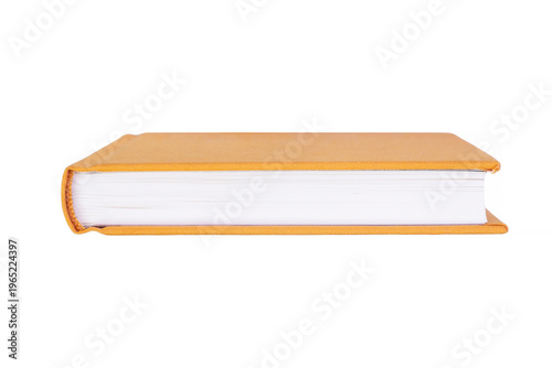 head of book with orange hard cover isolated on white