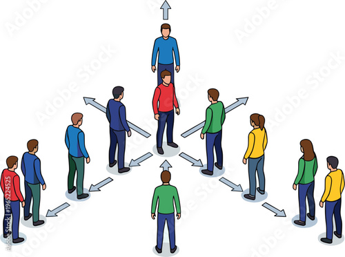 A group of people standing in a circle with arrows pointing to one person on top