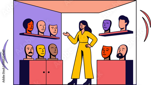 Woman presents diverse masks to audience in colorful exhibition room with various heads on shelves