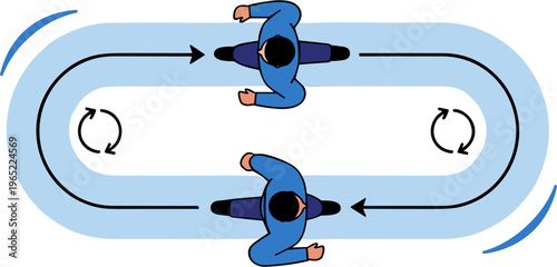 Two skaters perform synchronized movements on a winding ice track