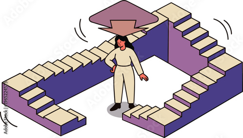 A man struggles to hold a large purple funnel pouring blocks onto a divided staircase structure.