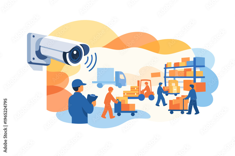 Fototapeta premium Security camera monitors warehouse operations and workers.